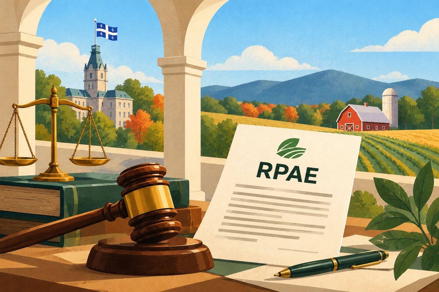 Illustration d'un marteau de juge, de la balance de la justice et d'un document RPAE devant un paysage agricole québécois